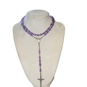 Catholic rosary necklace purple amethyst-color oval beads silver-toned crucifix